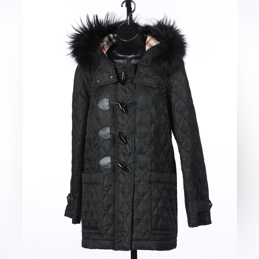 Burberry Brit Black Quilted Coat w/ Fur Lined Hood & Toggle Clasps